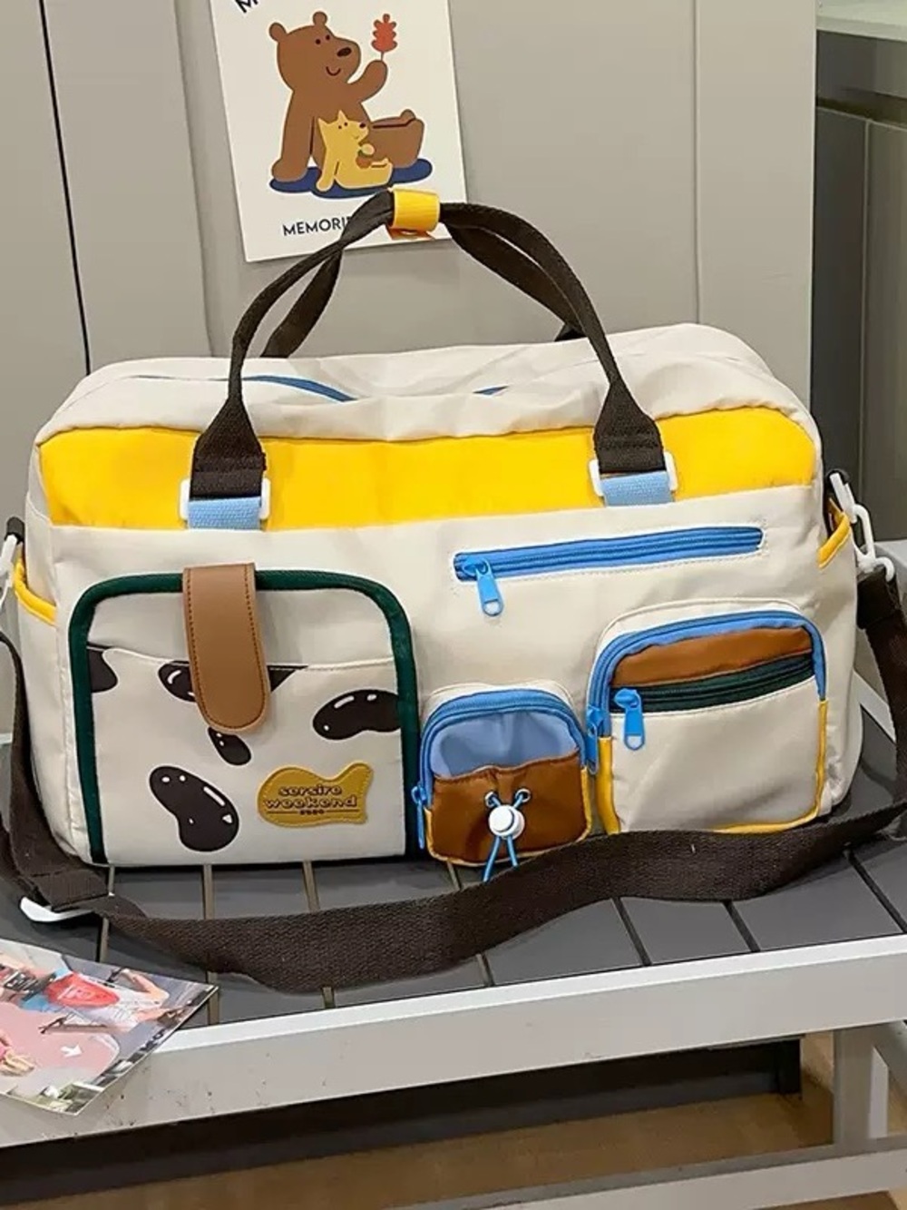 Canvas Multi-Pocket Travel Duffle Bag - Yellow Accent